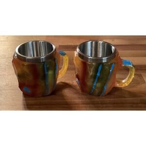 2 Resin Mineral Crystal Coffee Mugs w/Handle Red Vulcano Elegant Durable Tea Cup